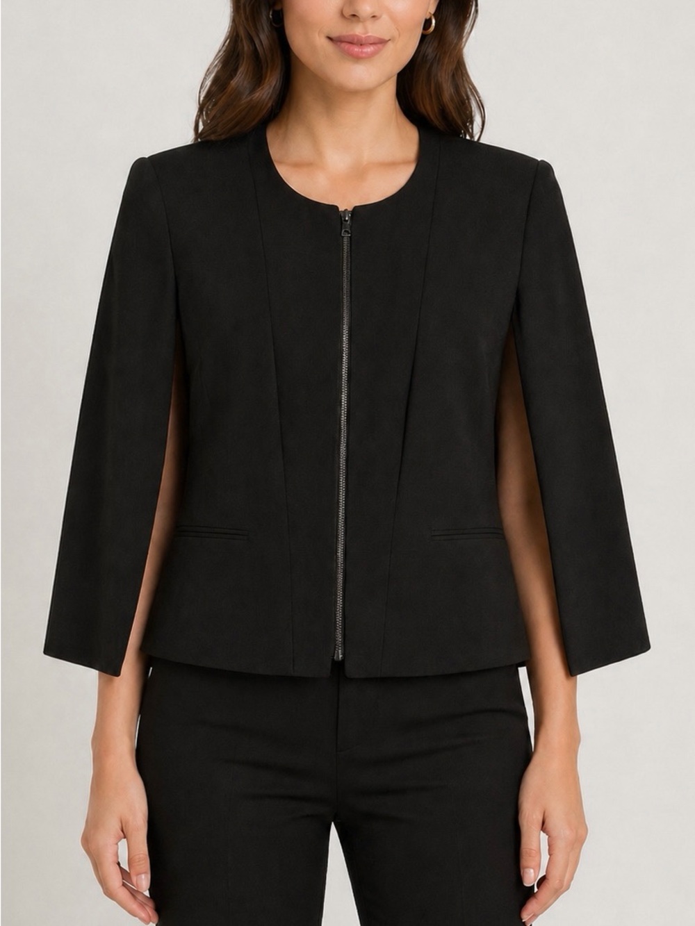 BCBG MaxAzria Black Capelet Front Zip Cropped Jacket